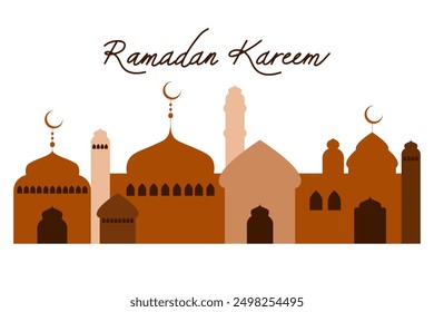 Muslim Mosque. Building silhouette, Islam city landscape, ramadan kareem, eid mubarak design element. Muslim traditional antique minarets panoramic. Vector flat style isolated illustration