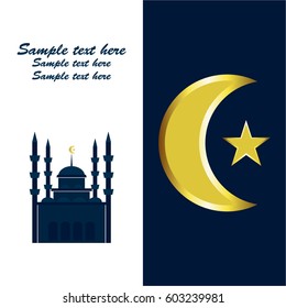 The Muslim Mosque. A crescent and a star. Symbol of the Muslim faith. Mosque. Gold on a blue background. Text