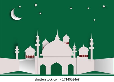 Mezquita musulmana de fondo verde. logotipo de torre islamica plana. Diseño de caricaturas de vector plano. Ilustración del hermoso ícono del templo islámico. Logo de la mezquita oriental islámica.
