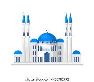 Muslim mosque icon isolated on white background. Vector illustration for islam religion design. Islamic temple landmark. Ramadan kareem holiday. Arabic culture.Religious architecture. Arabian minaret