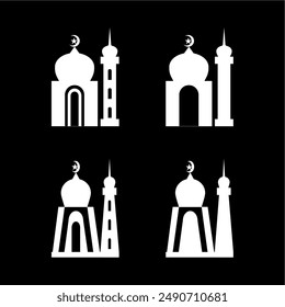 Muslim mosque icon set illustration. Black and white silhouette design concept on white background. Miniature masjid for greeting card, Islamic poster, sign, mark, book cover, Arabic symbol, Ramadan