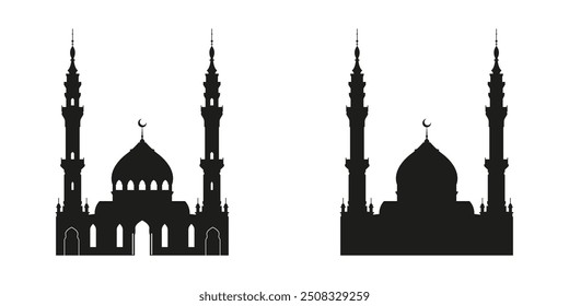 Muslim mosque icon or silhouette isolated on white background. Islamic and Arabic architecture template. Design element for Ramadan greeting card. Vector illustration.