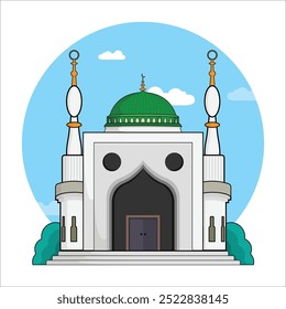 Muslim mosque for islamic organizations or communities, a flat design of a masjid crescent with sky cloud background vector illustration