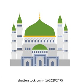 Muslim mosque isolated flat facade on white background. Flat with shadows architecture object. Vector design. Muslim temple icon illustration. Eastern cultural landmark.