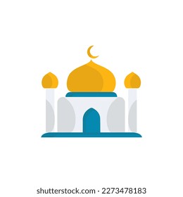 Muslim mosque isolated flat facade on white background. Flat with shadows architecture object. Vector cartoon design. Beautiful muslim temple icon illustration. Eastern cultural landmark.