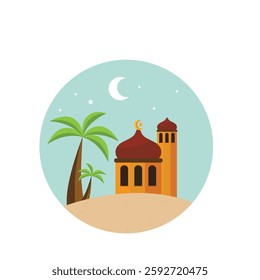 Muslim mosque isolated flat facade on white background. Vector cartoon design. Beautiful muslim temple icon illustration. Eastern cultural landmark. Eid Mubarak.