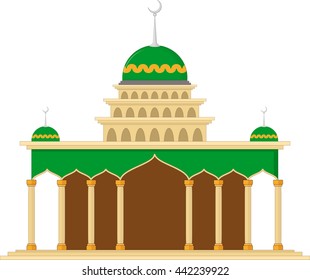 Muslim mosque isolated flat facade on white background. Flat with shadows architecture object. Vector cartoon design. Beautiful muslim temple icon illustration. Eastern cultural landmark. 