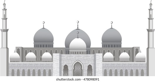 Muslim mosque isolated flat facade on white background. United Arab Emirates