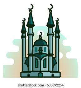 Muslim mosque isolated flat facade on white background. Flat with shadows architecture object. Vector cartoon design. Beautiful muslim temple icon illustration. Eastern cultural landmark
