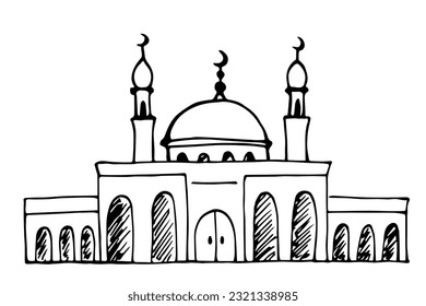 Muslim mosque isolated on a white background. Simple black outline vector drawing. Sketch in ink.