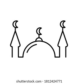 Muslim mosque. Linear religious icon. Black simple illustration of islam, house for prayers with two minarets. Contour isolated vector emblem on white background