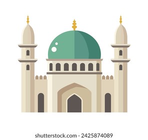 Muslim mosque with minaret towers. Architectural dome. Symbol of islam religion. Flat design  icon. Isolated vector illustration for holiday Ramadan, Eid al Adha or Eid ul Fitr. Arabic style