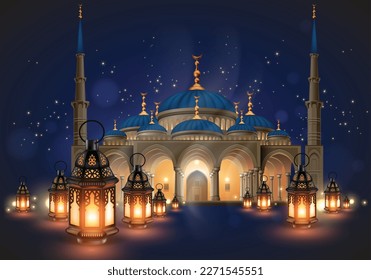 Moslemische Moschee auf dem Hintergrund des Sternenhimmels und leuchtender orientalischer Lampen. Hochdetaillierte realistische Illustration