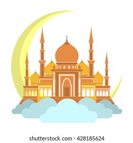 Muslim Mosque On Clouds With Month Icon. Arabic Mosque Masjit. Islam Minarets Flat Logo. Vector Flat Cartoon Design. Beautiful Islamic Temple Icon Illustration. Eastern Islamic Masjid Fla Logo.
