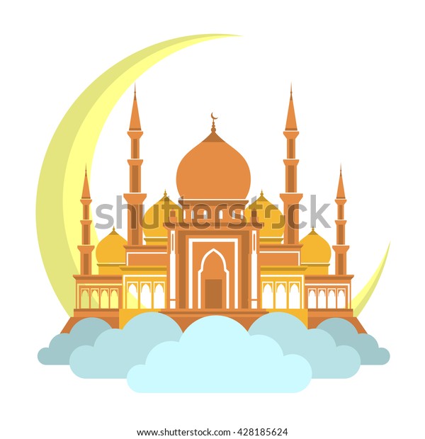 月のアイコンを持つ雲の上にイスラム教のモスク アラビアモスクマスキット イスラム教のミナレットのフラットロゴ ベクター平面カートーンデザイン 美しい イスラム教の神殿のアイコンイラスト イスラム教のマシド国旗のロゴ のベクター画像素材 ロイヤリティ