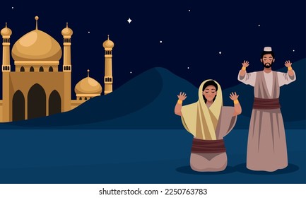 muslim mosque and persons praying scene