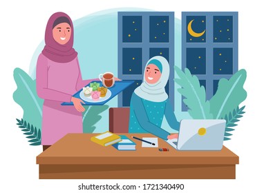 A Muslim mothee is carrying a tray of food and drink for her daughter who is studying in front of a laptop.