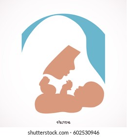 Muslim Mother And Baby Stylized Vector Symbol. Icon Isolated On White Background. Flat Style.