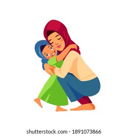 Muslim mother and child. Mom hugging her daughter with a lot of love and tenderness. Mother's day, holiday concept. Cartoon flat isolated vector design.