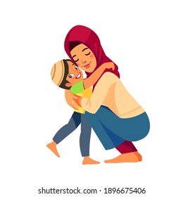 Muslim Mother And Child. Mom Hugging Her Son With A Lot Of Love And Tenderness. Mother's Day, Holiday Concept. Cartoon Flat Isolated Vector Design Illustration