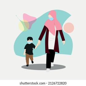 Muslim Mother and Child: Vector Art of Hijabi Mom Holding Hand of Son