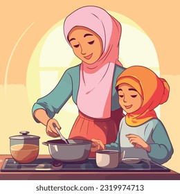 A muslim mother and daughter cooking together in the kitchen, family time, simple vector,