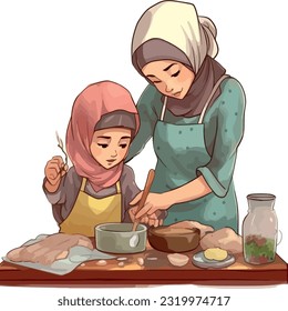 Una madre musulmana y su hija cocinando juntos en la cocina, en el tiempo familiar, simple vector,