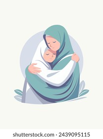 Muslim mother and daughter embracing during ramadan and eid vector illustration perfect for cultural-themed designs, greeting cards, and social media posts.