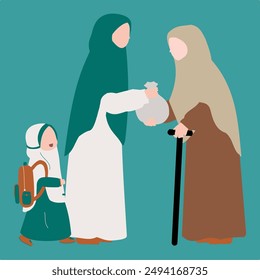 A Muslim mother and daughter giving Zakat to an elderly woman. Muslim Giving Zakat