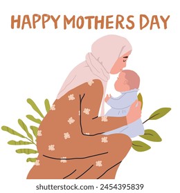 Muslim mother and daughter. Happy Arab mom holding her little daughter on her lap. Happy mothers day, white woman in hijab. Flat vector illustration on white background.