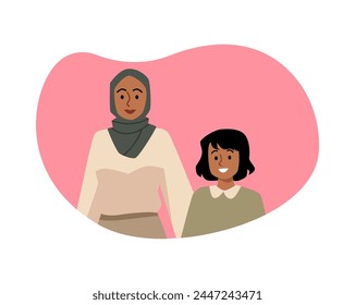 Muslim mother with daughter. Happy woman in hijab with small girl. Cartoon Islamic parent love. Vector illustration of Arabic family isolated in decorative pink frame