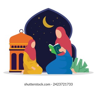 Muslim mother and daughter reading koran during holly month of Ramadhan flat 2d vector illustration