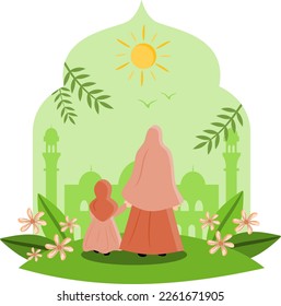 Muslim mother and daughter walking towards a mosque