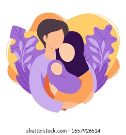 Muslim mother and father holding their newborn baby. Islamic couple of husband and wife become parents. Man embracing woman with child. Maternity, fatherhood, parenting. Flat vector illustration.