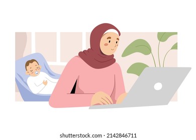 Muslim mother freelancer working at home office using laptop while her baby is sleeping, small business or remote freelance job concept, parenting and career concepts, vector cartoon illustration