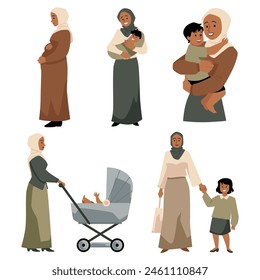 Madre musulmana con hijab cuida de bebé recién nacido, bebé. Mujer embarazada islámica, carro de bebé. Caricatura de maternidad feliz. Conjunto de Ilustraciones vectoriales de familia árabe aislado de altura completa