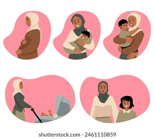 Muslim mother in hijab takes care of newborn baby, infant. Islamic pregnant woman, baby carriage. Cartoon happy motherhood. Vector illustrations set of Arabic family isolated in pink decorative frame