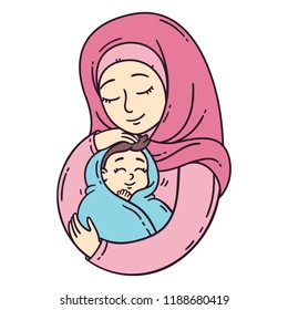 Muslim mother holding baby. The best mom. A pretty mother holds cute baby. Vector illustration isolated on white background.