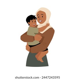 Muslim mother holding a baby son in arms. Happy woman in hijab carrying little boy. Cartoon Islamic parent love. Vector illustration of Arabic family isolated on white background