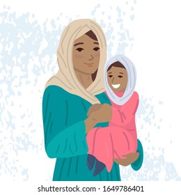 Muslim mother is holding her child in arms. Portrait of woman wearing hijab with kid. Card for mothers day. Mom love. Arabian muslim traditional clothes. Isolated on background. Vector illustration