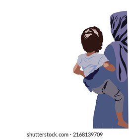 a Muslim mother is holding her child on the side, negative space