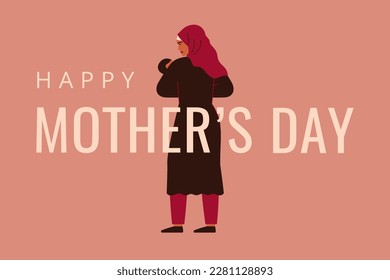 Muslim mother holds on hands her newborn child and embraces him with love and care. Mother's day greeting card with Arabian woman and her small son. Vector illustration