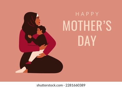 Muslim mother holds on knees her male child and embraces him with love and care. Mother's day greeting card with Arabian woman and her small son. Vector illustration