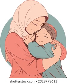 Muslim Mother Hugging Her Son in Hijab, holds a baby, a child in her arms