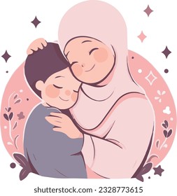 Muslim Mother Hugging Her Son in Hijab, holds a baby, a child in her arms