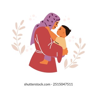 Una madre musulmana mira con ternura y amor a su hijo. Una mujer árabe con hiyab sostiene a un niño en brazos, abrazándola. Primer plano. Estilo de dibujos animados. Ilustración vectorial aislada sobre fondo blanco.