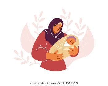 Muslim mother and newborn baby. An Arab woman in a hijab gently holds swaddled son in her arms. Embrace. Happy family. Close-up. Cartoon style. Vector illustration isolated on white background.