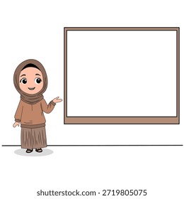 La madre musulmana está señalando hacia un tablero vacío que explica o explica el concepto o un profesor musulmán está enseñando o explicando