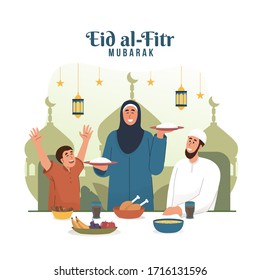 Muslim Mother Serving Food For Family Dinner. Eid Mubarak Flat Cartoon Character Illustration