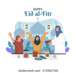 Muslim mother serving some food for her children. Eid mubarak flat cartoon character illustration